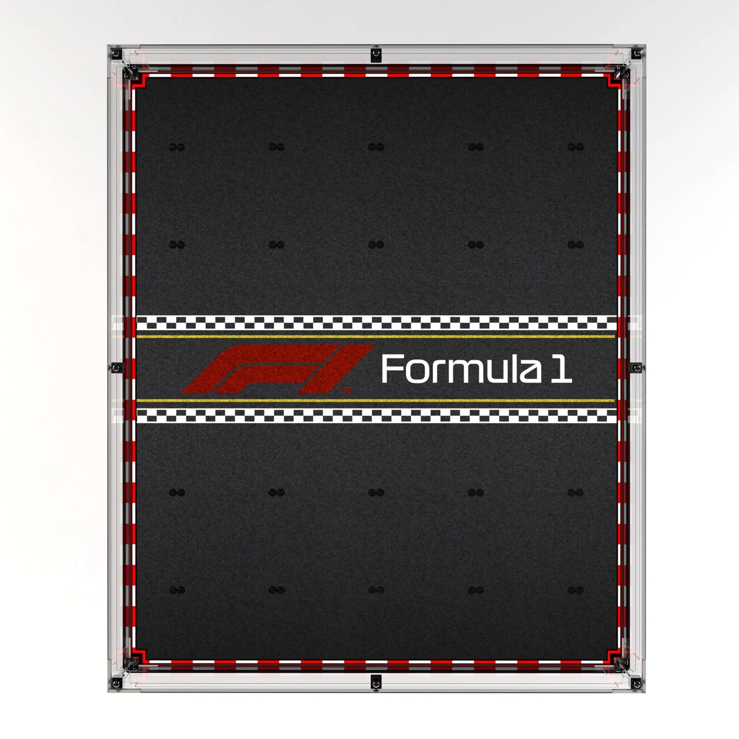 Empty wall-mounted F1 LEGO display case showing the printed background.