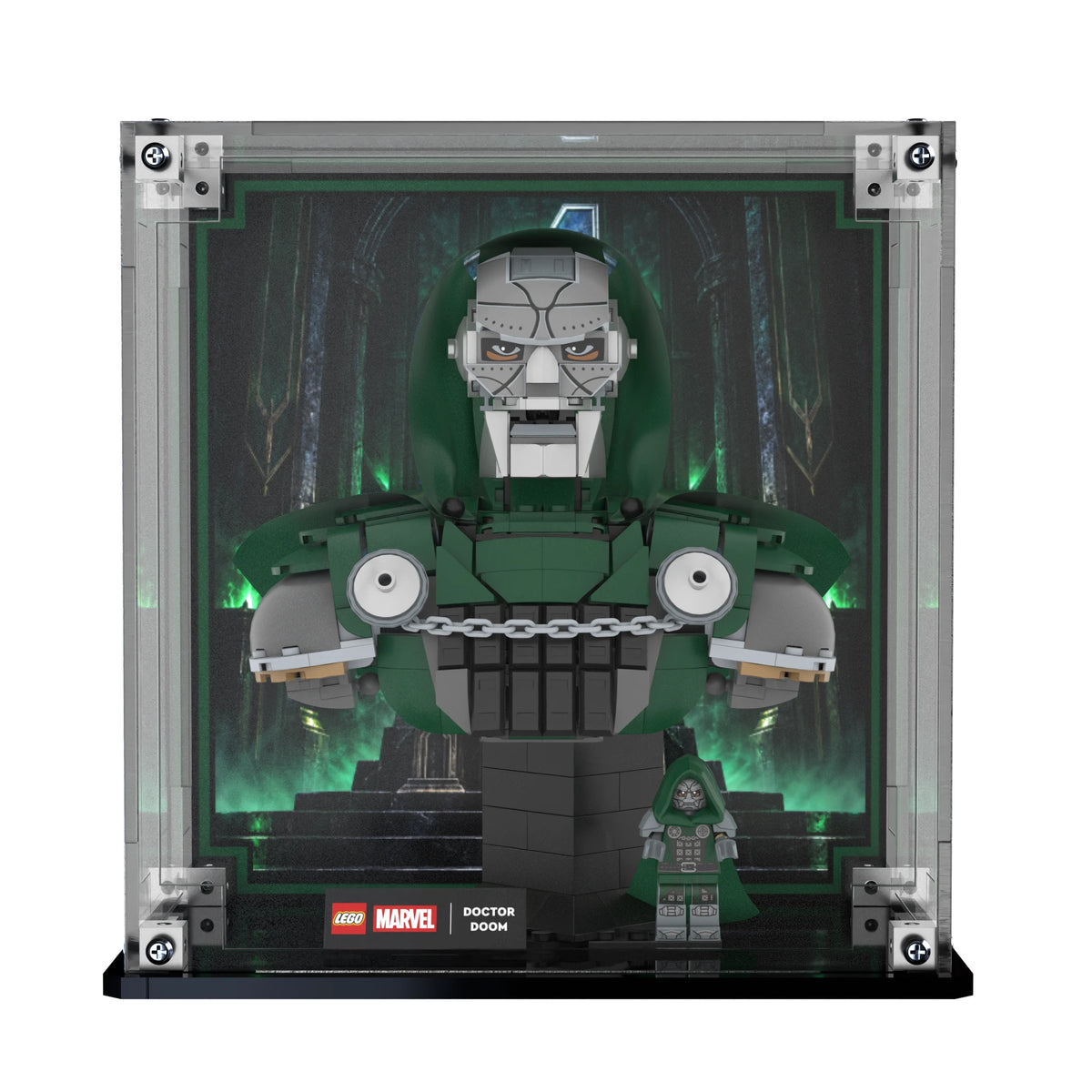 Display Case For LEGO Doctor Doom Bust 76345 with printed backdrop – Brick In It – Photo 1