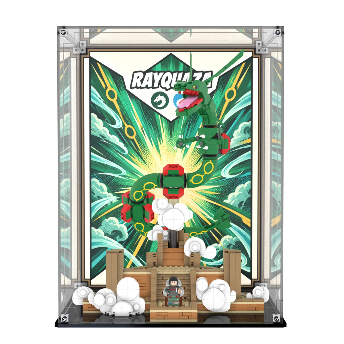 Display Case For LEGO Rayquaza 72168 with printed backdrop – Brick In It – Photo 1
