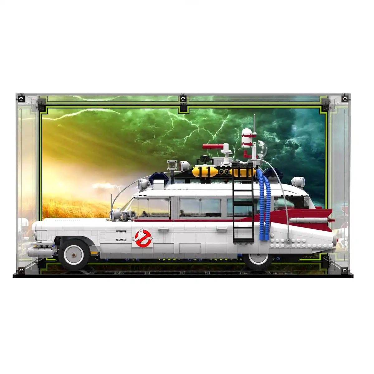 LEGO Ghostbusters ECTO-1 display case for set 10274, shown with a printed background.