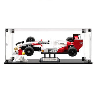 Clear LEGO display box for the LEGO McLaren MP4/4 10330 on a gloss black base.