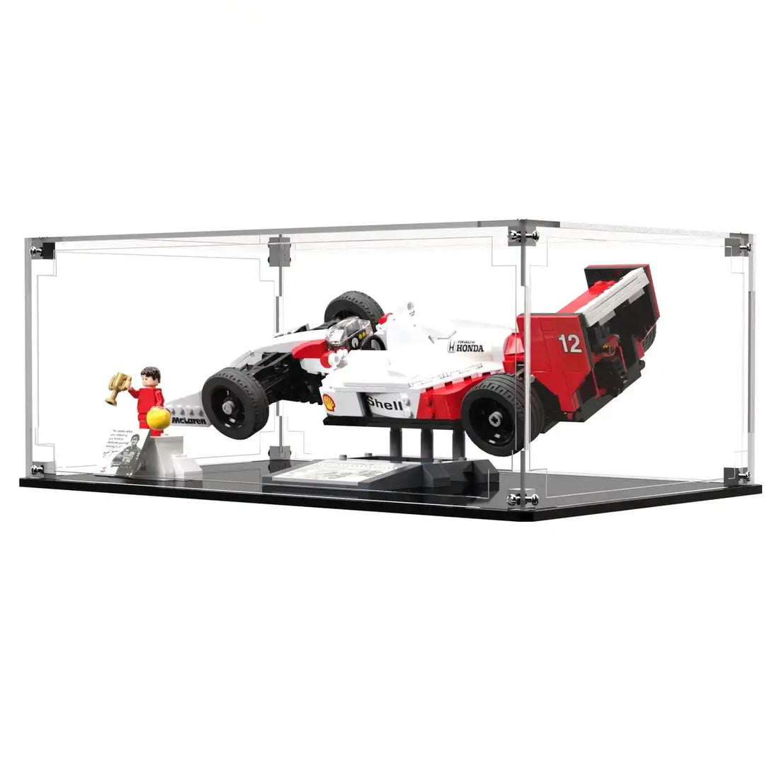 Side view of the dust-free acrylic LEGO display case for the Ayrton Senna LEGO car.