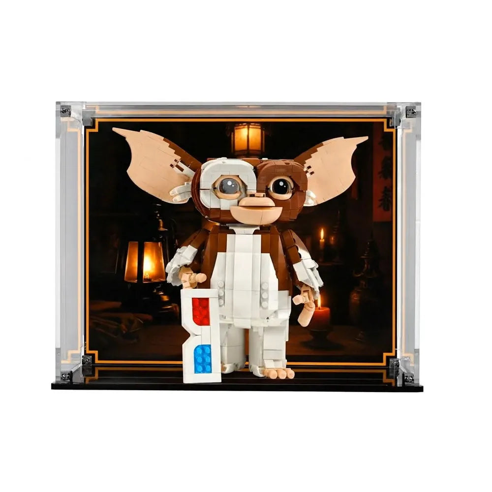LEGO Gremlins Gizmo 21361 in acrylic display case with printed Chinese shop background