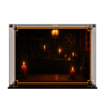 Display case with printed Chinese shop background