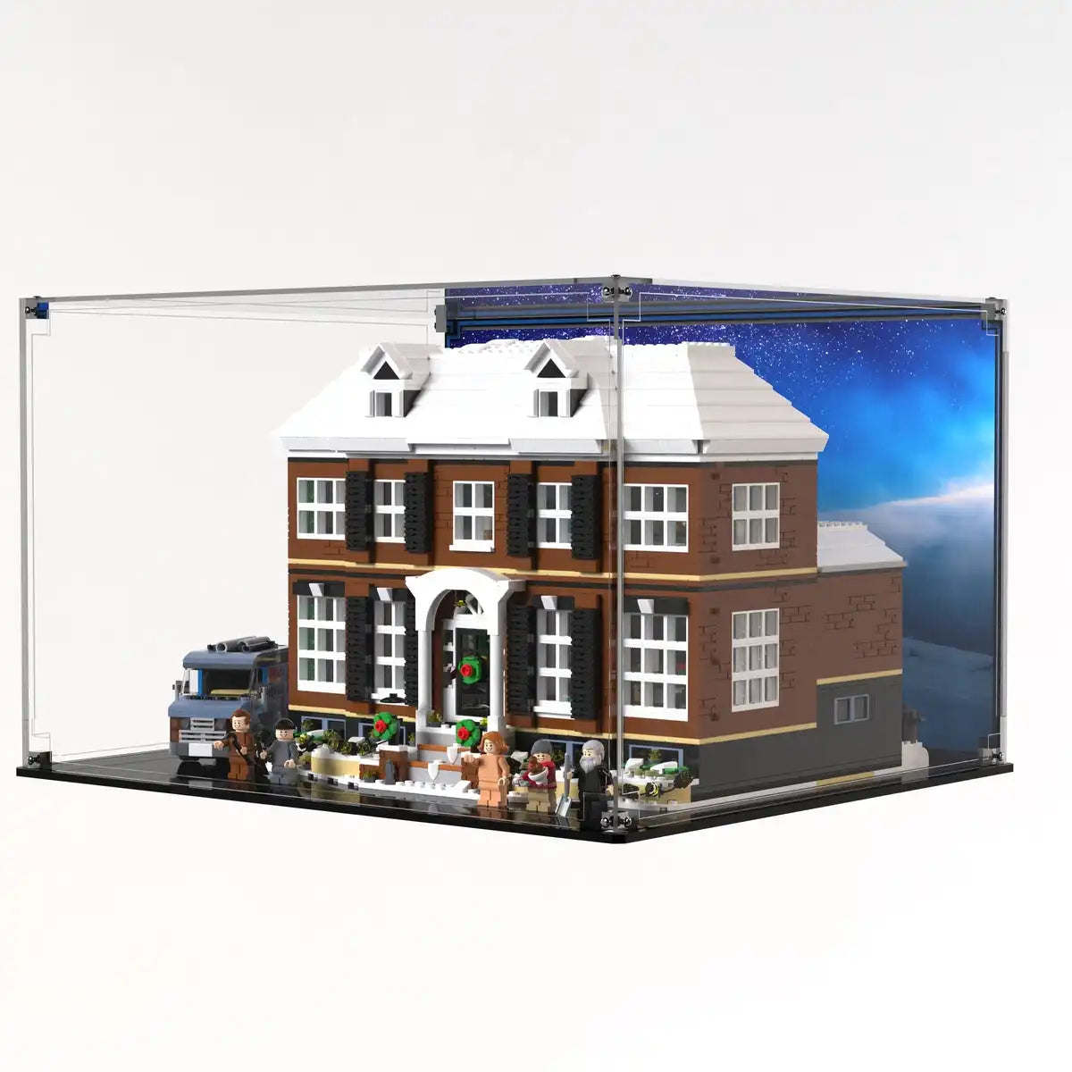 Angled view of the LEGO Home Alone case with 5mm black base