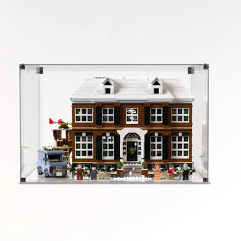 Front view of the LEGO Home Alone house inside the clear dustproof case