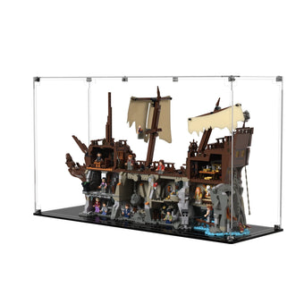 Side-angle clear-panel display case for LEGO The Goonies 21363, metal corner cubes and acrylic structure highlighted.