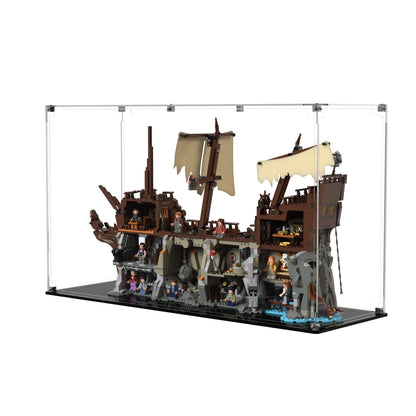 Side-angle clear-panel display case for LEGO The Goonies 21363, metal corner cubes and acrylic structure highlighted.