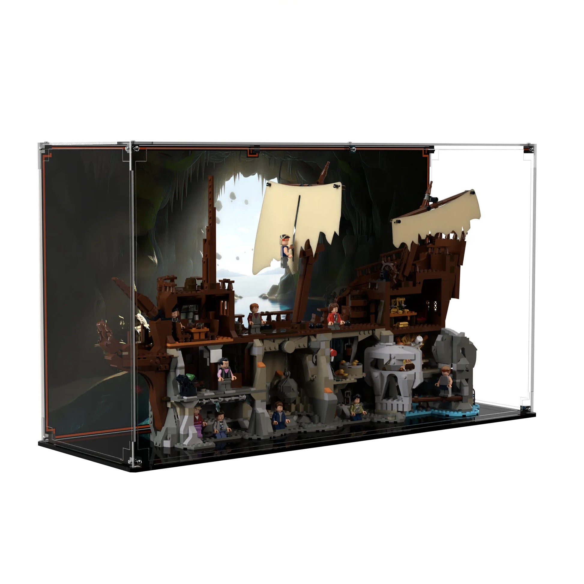 Side-angle of display case with printed background for LEGO The Goonies 21363, clear acrylic walls and metal reinforced corners visible.