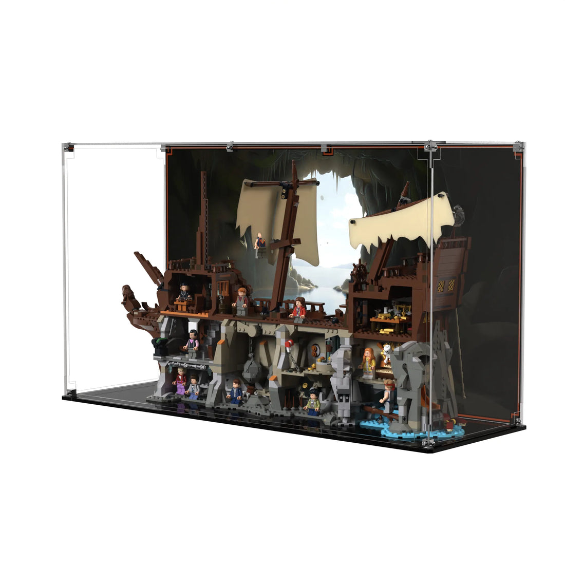 Display case for LEGO Ideas The Goonies (21363) showing printed scenic backdrop of cave and ship, base with gloss-black finish.