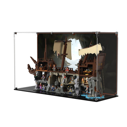 Display case for LEGO Ideas The Goonies (21363) showing printed scenic backdrop of cave and ship, base with gloss-black finish.