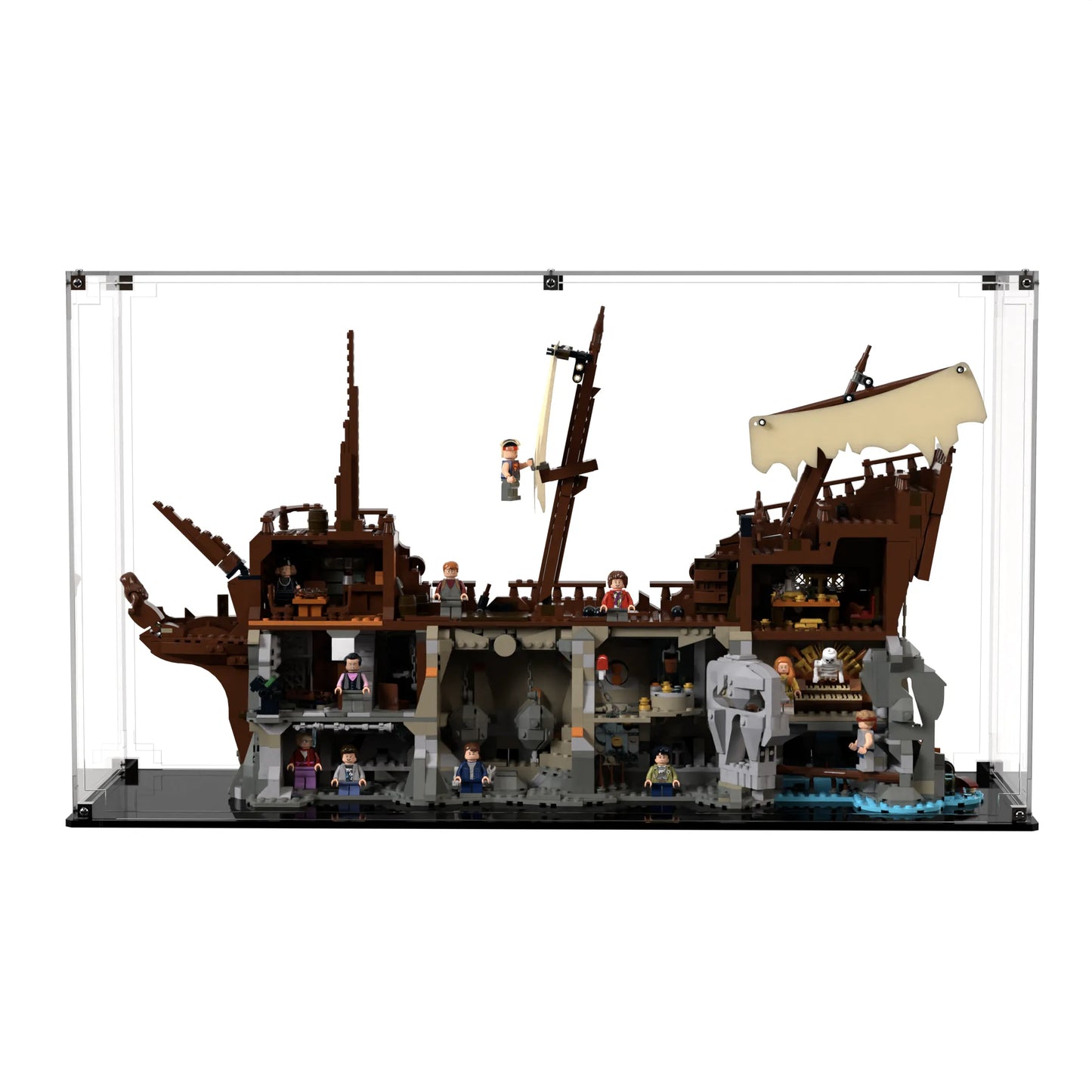 Front view of clear-panel display case for LEGO The Goonies 21363, showing the gloss black base and transparent acrylic enclosure