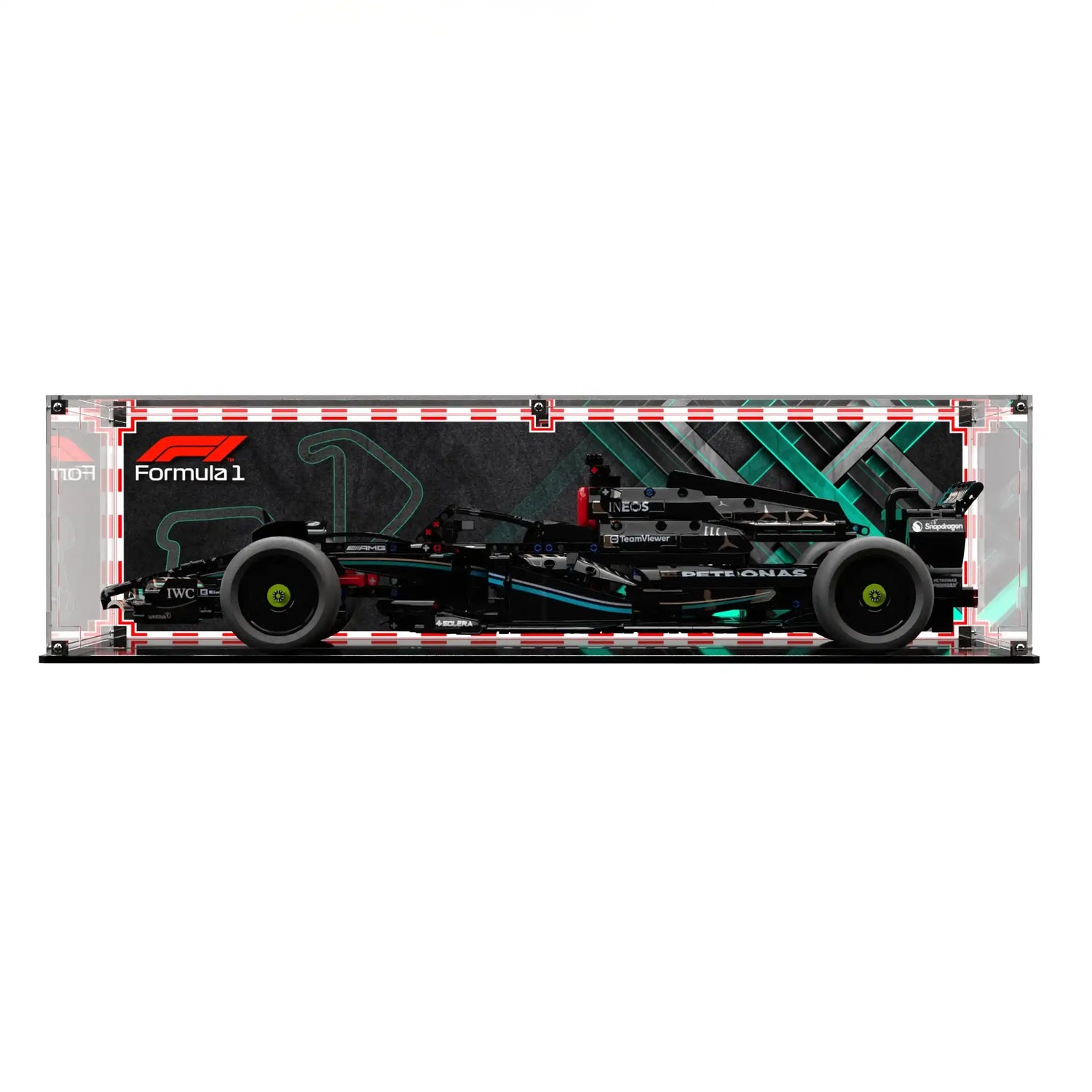 LEGO Mercedes F1 display case for Technic 42171, shown with a printed F1 track background.