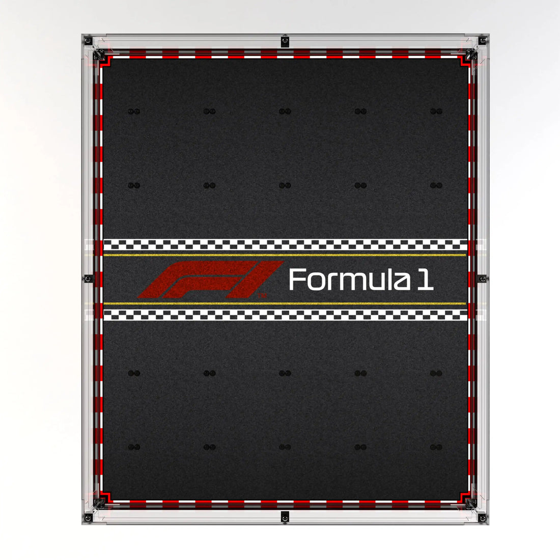 Empty wall-mounted F1 LEGO display case showing the printed background.