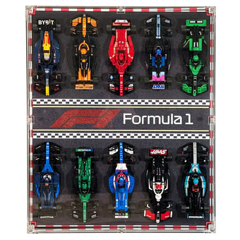Wall mounted LEGO F1 Speed Champions display case with a collection of Formula 1 cars
