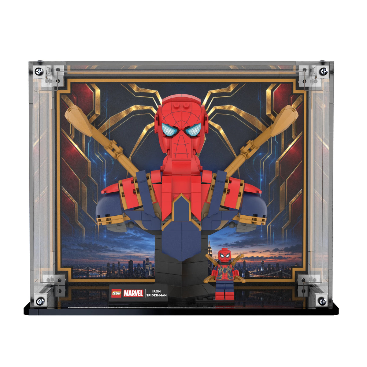 Display Case For LEGO Iron Spider-man Bust 76326 with printed backdrop – Brick In It – Photo 1